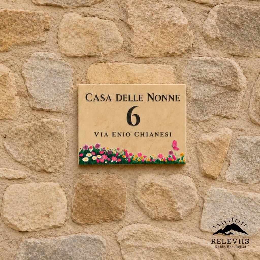 Targa numero civico 6 in pietra con decoro di fiori di campo, montata su un muro in pietra a vista