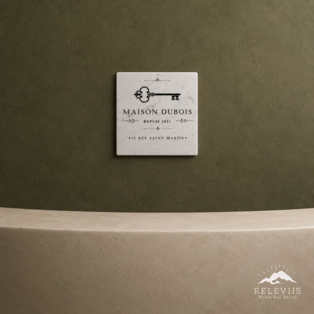 Targa numero civico moderna "Dimora" montata accanto alla porta di casa: targa casa personalizzata da esterno su pietra naturale.