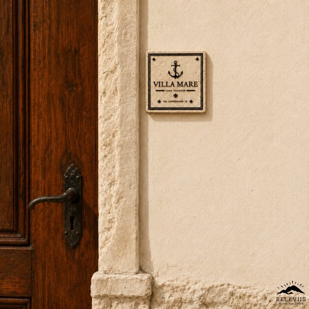 Targa indirizzo "Villa Mare" montata accanto alla porta di casa: targa per casa vacanze personalizzata su pietra naturale.