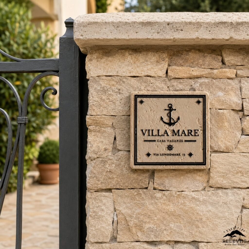 Targa indirizzo "Villa Mare" montata accanto alla porta di casa: targa per casa vacanze personalizzata su pietra naturale.