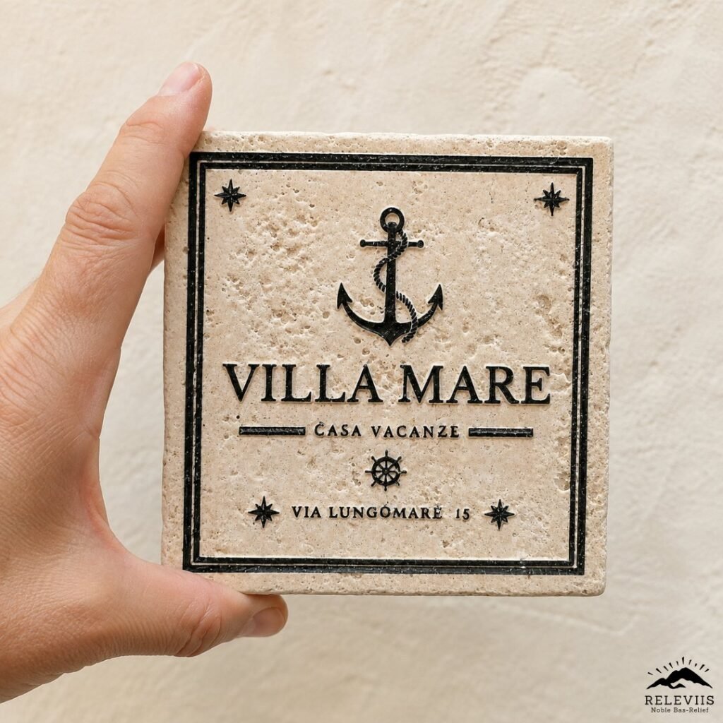 Targa per casa vacanze personalizzata in mano: targa indirizzo "Villa Mare", per vedere le dimensioni reali.