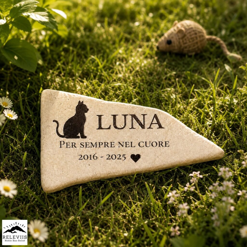 Pietra ricordo per gatto con bordo naturale e nome Luna, posata sul prato tra sassi di fiume