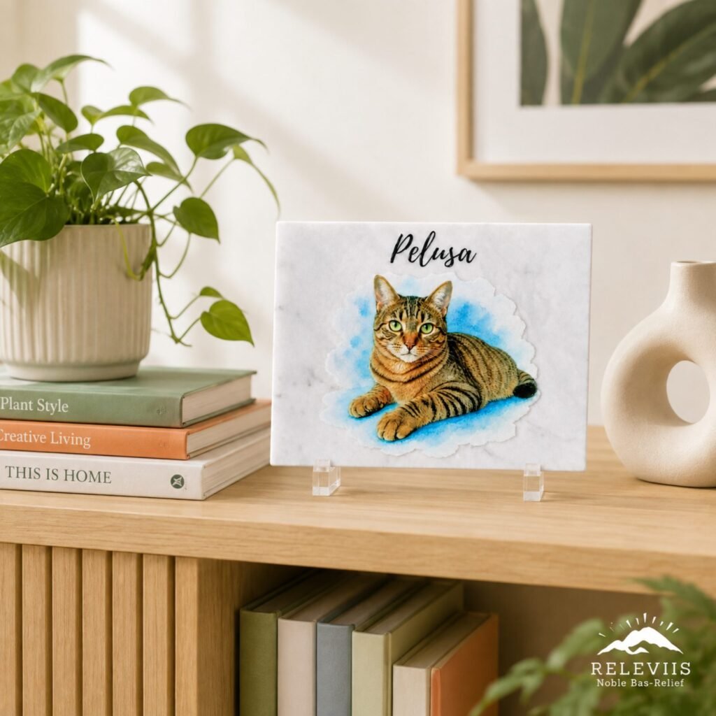 Ritratto a colori del tuo gatto su pietra in un ambiente di casa: ritratto del gatto personalizzato su pietra naturale.