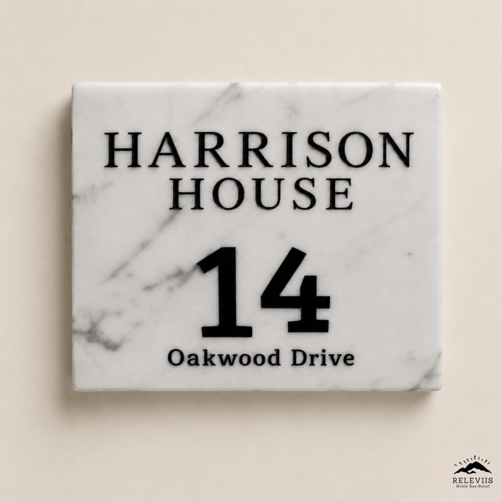 Targa in pietra bianca con nome Harrison House, numero civico 14 e scritta Oakwood Drive.
