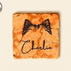 Targa personalizzata con nome del cane su pietra italiana arancio calda, con sagoma nera delle orecchie e il nome Charlie in corsivo