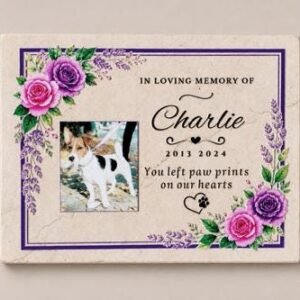Targa ricordo per gatto su pietra italiana con la foto di Charlie, nome, date 2013–2024, frase con impronte e cornice di fiori rosa
