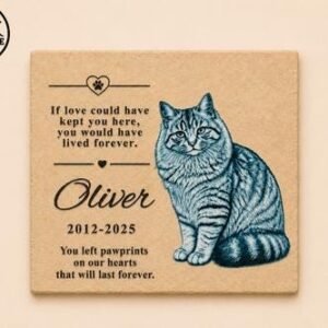 Ritratto di gatto in bianco e nero su pietra italiana beige, personalizzato per Oliver con frasi di ricordo e date 2012–2025
