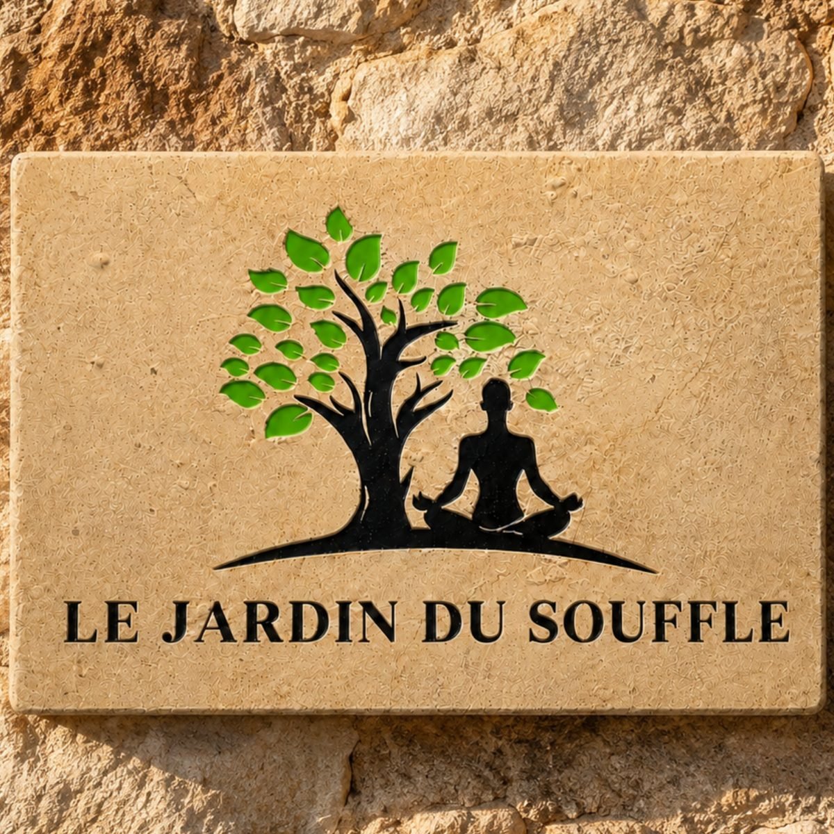 Targa Le Jardin du Souffle su muro in pietra